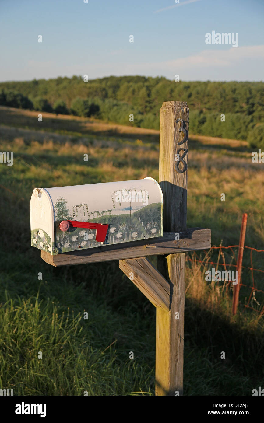 A mailbox painted to mirror the landscape near it, in Alna, Maine Stock Photo