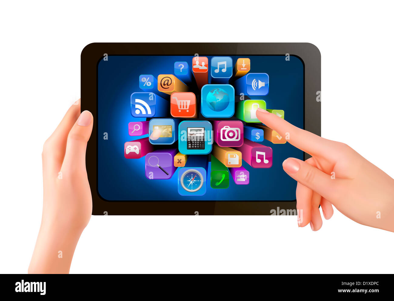 Hand Holding Touch Pad Pc And Finger Touching It S Screen With Icons Stock Photo Alamy