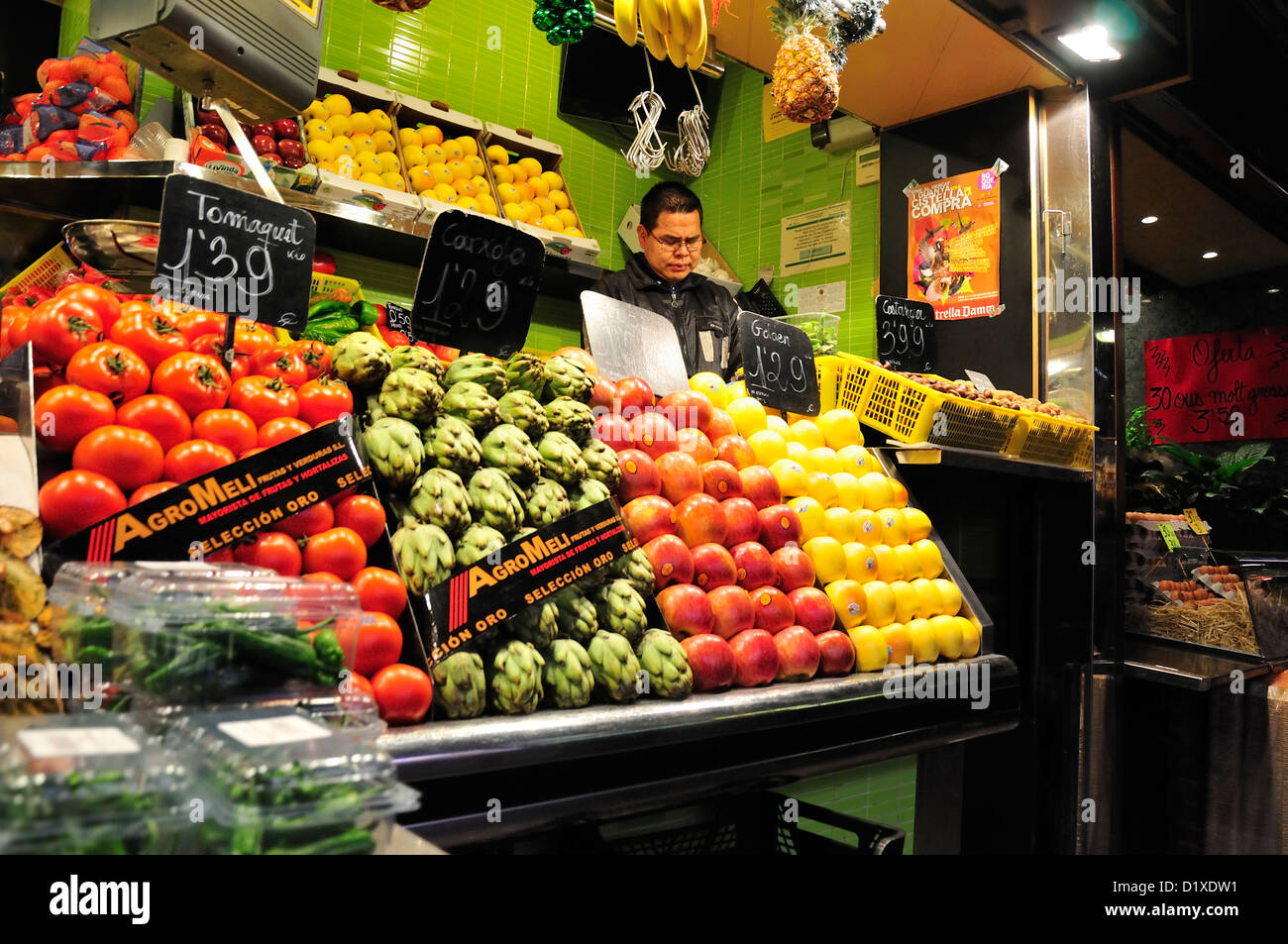 Barcelona, Spain. La Boqueria market (c1840) Fruit and vegetable stall Stock Photo