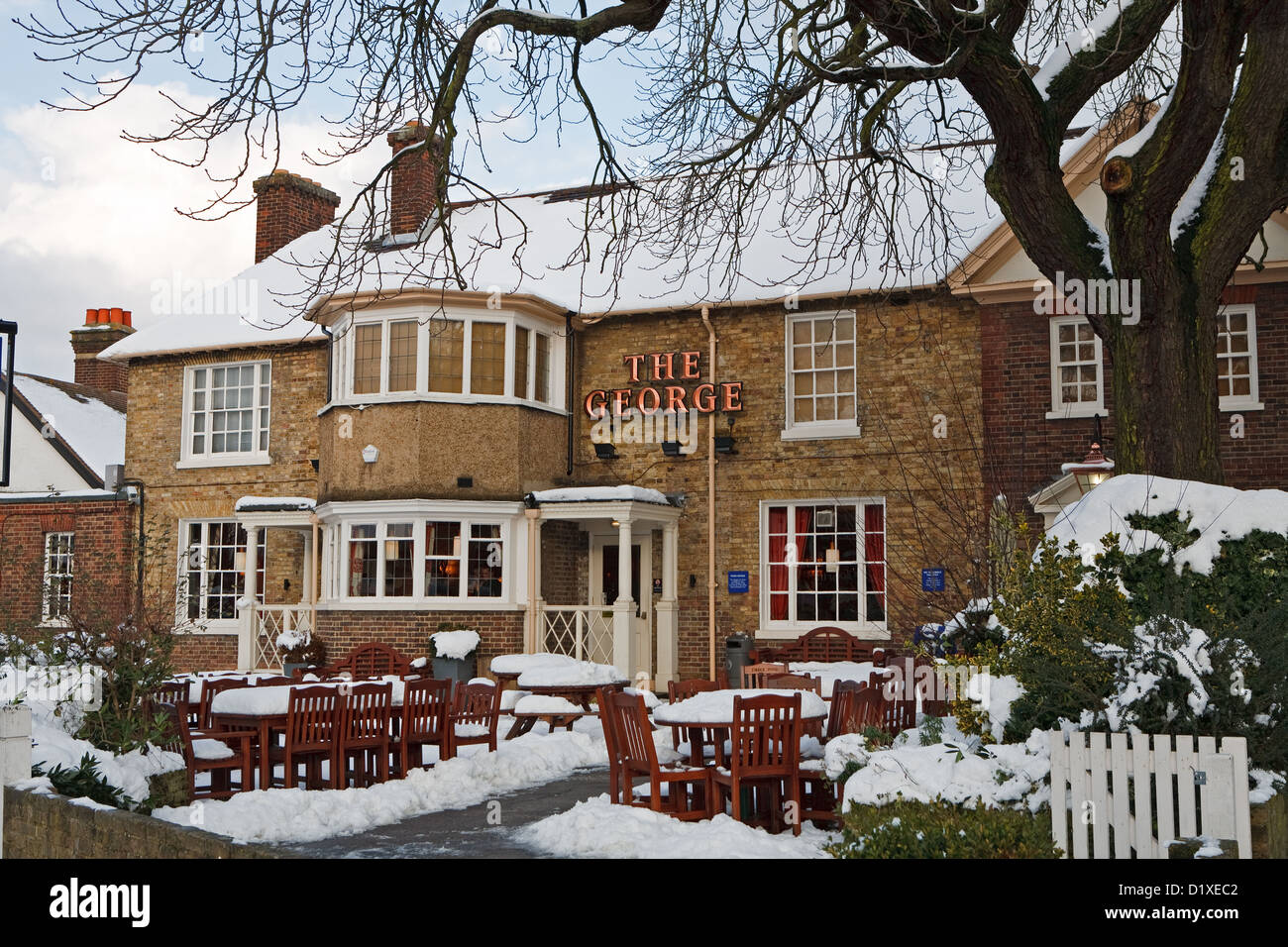 The Pub in Hayes Kent covered in snow Stock Photo Alamy