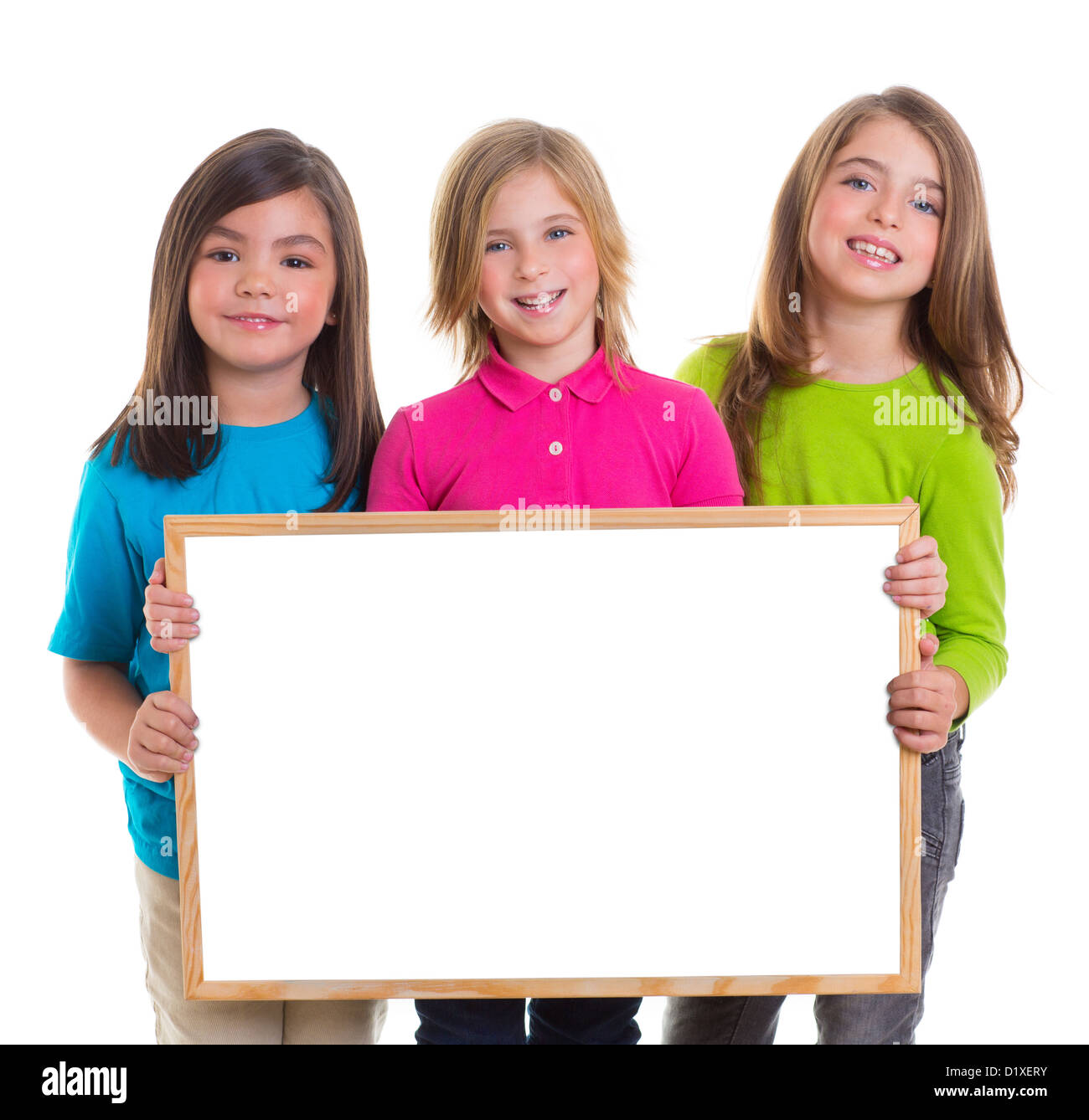 children group kid girls holding blank white board copy space Stock Photo