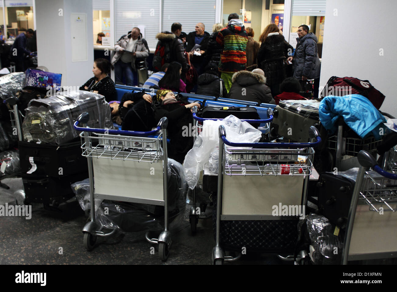 KIEV, UKRAINE - DEC 21: Passengers expect canceled flights in Boryspil International Airport on December 21, 2012, Kiev, Ukraine Stock Photo