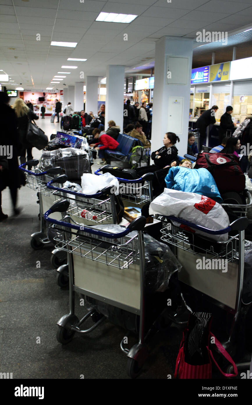 KIEV, UKRAINE - DEC 21: Passengers expect canceled flights in Boryspil International Airport on December 21, 2012, Kiev, Ukraine Stock Photo