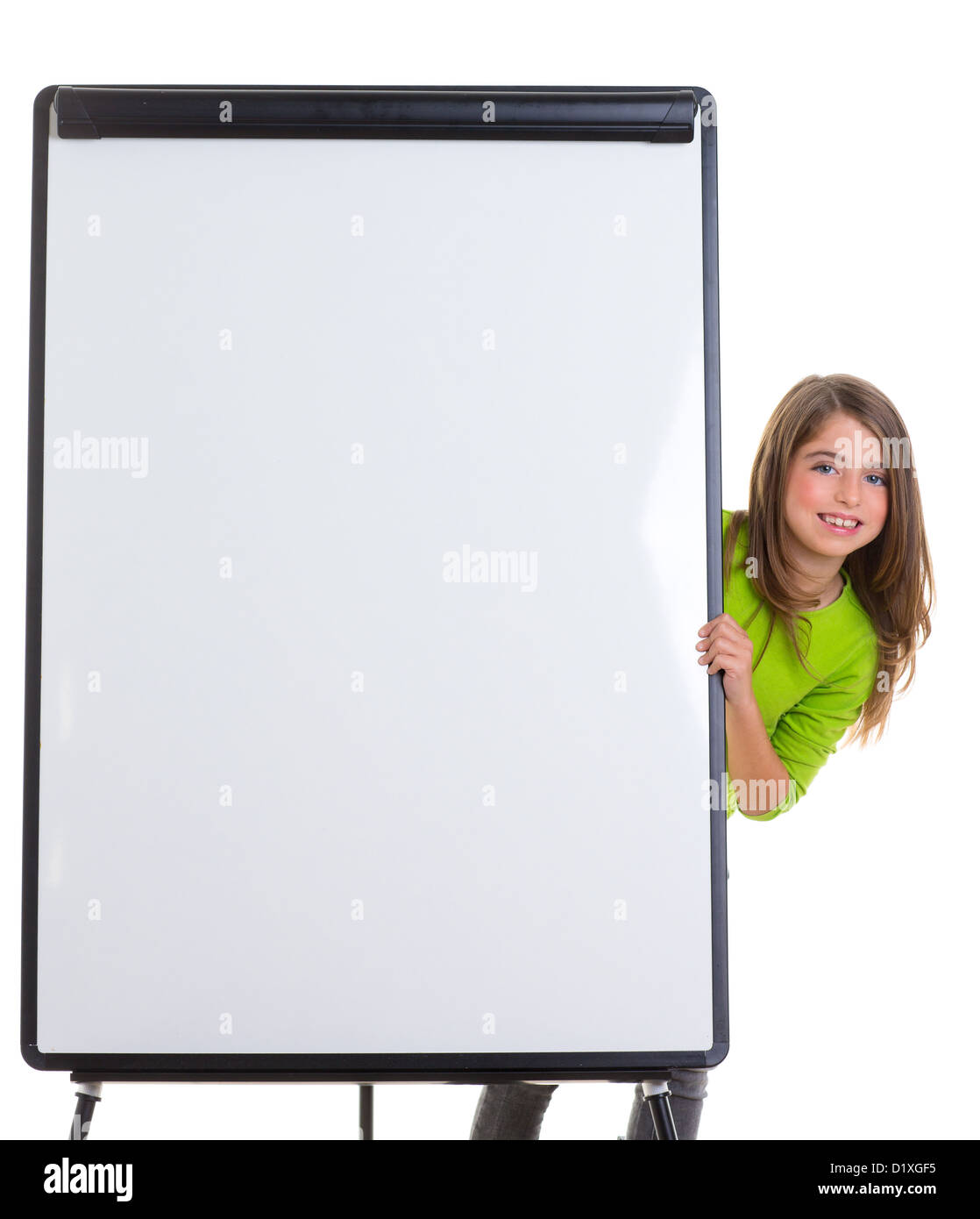 child kid happy girl with blank flip chart white copy space smiling Stock Photo