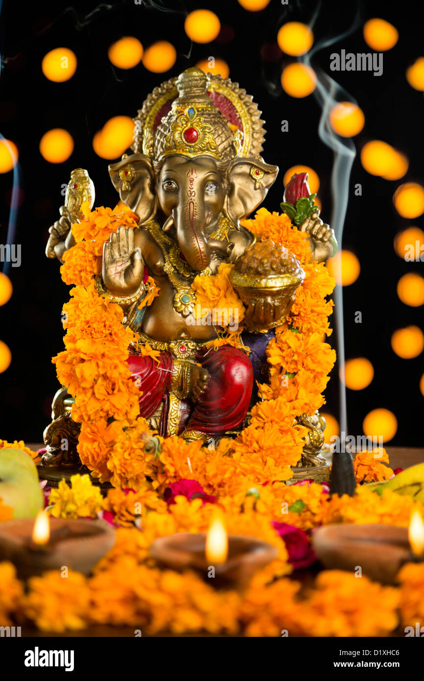 Religious offerings in front of the Idol Lord Ganesha at Diwali Stock ...
