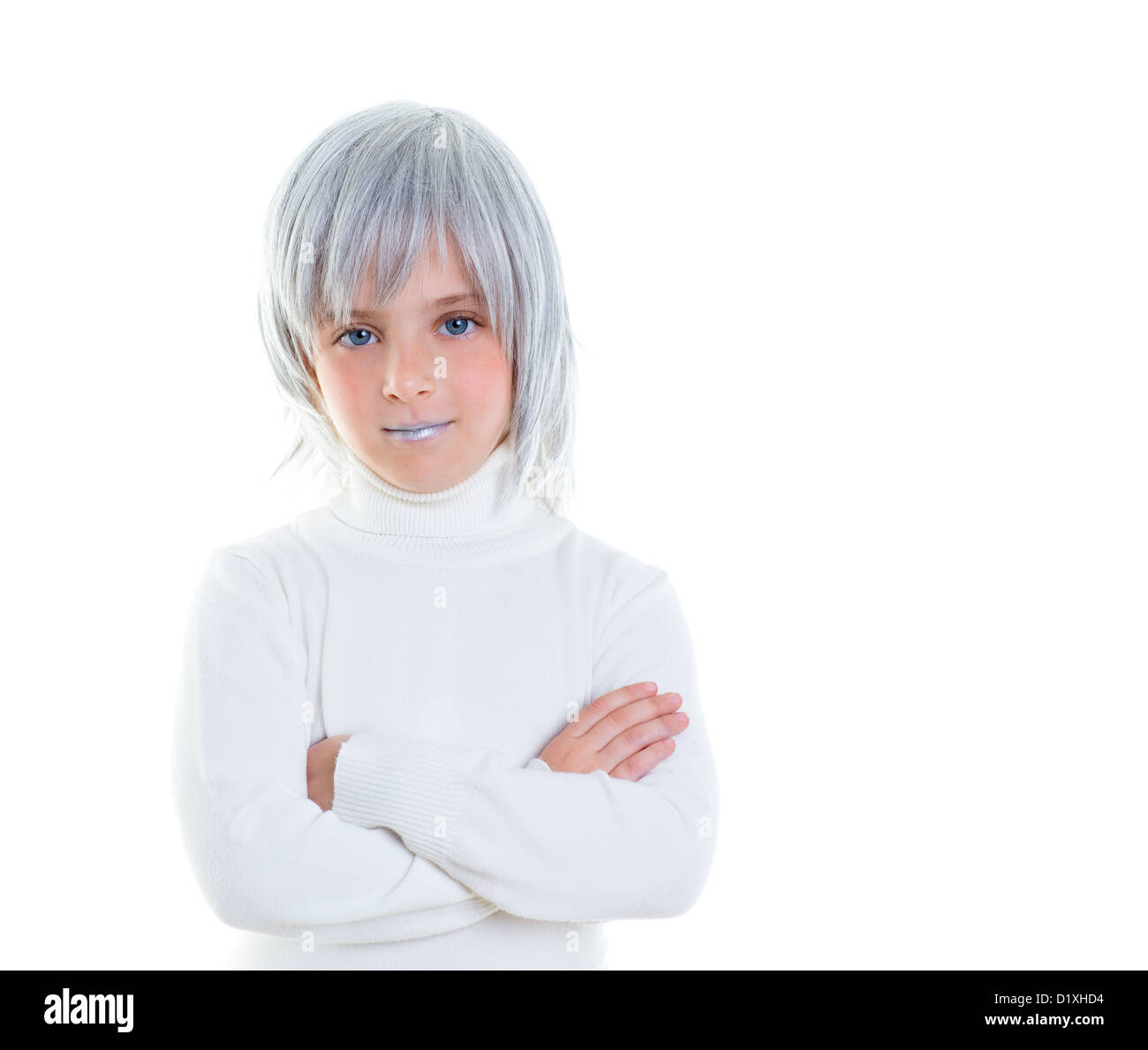 beautiful futuristic kid girl futuristic child with gray hair crossed arms in white Stock Photo