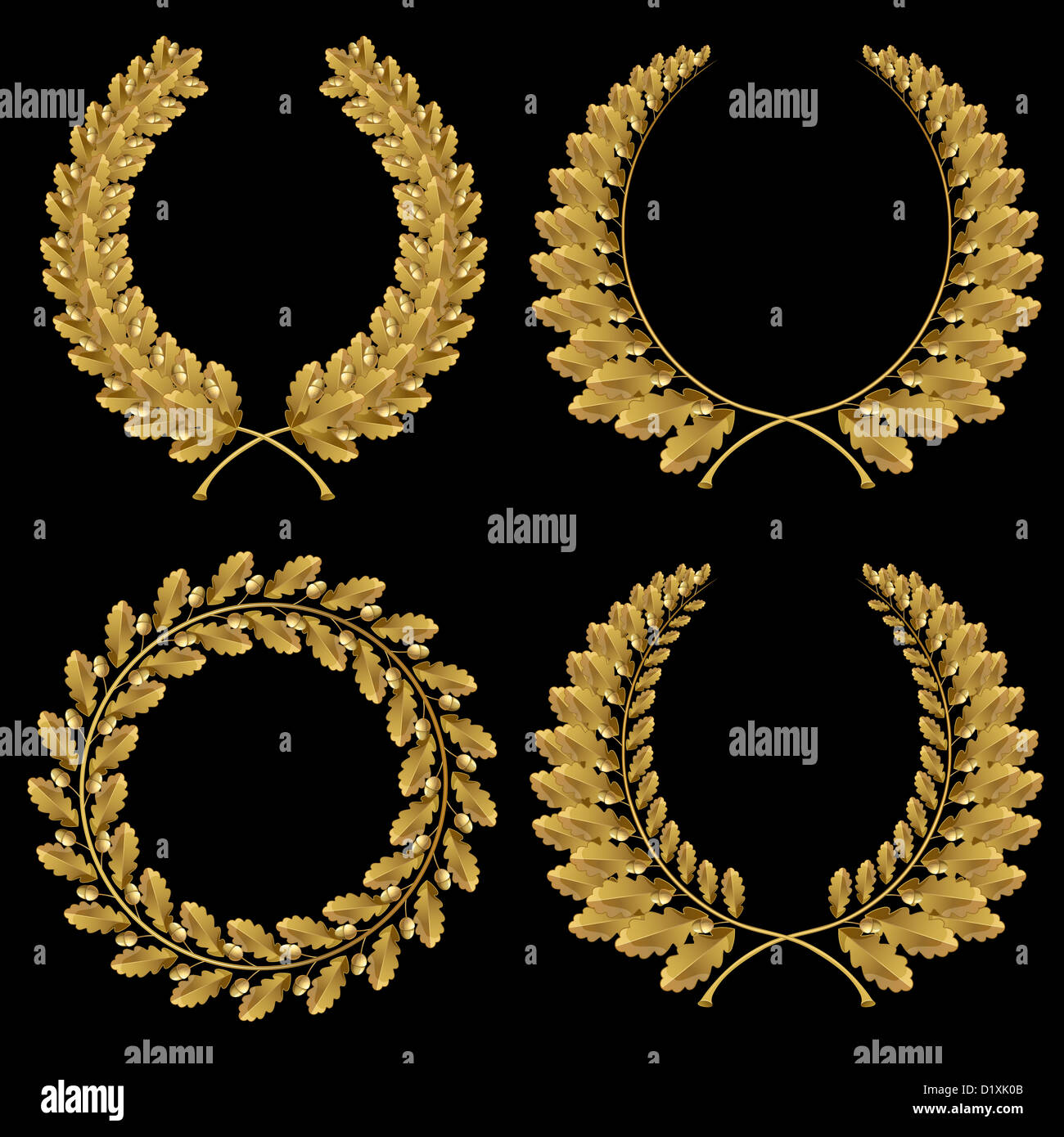 Set from gold oak wreath on the black background Stock Photo - Alamy