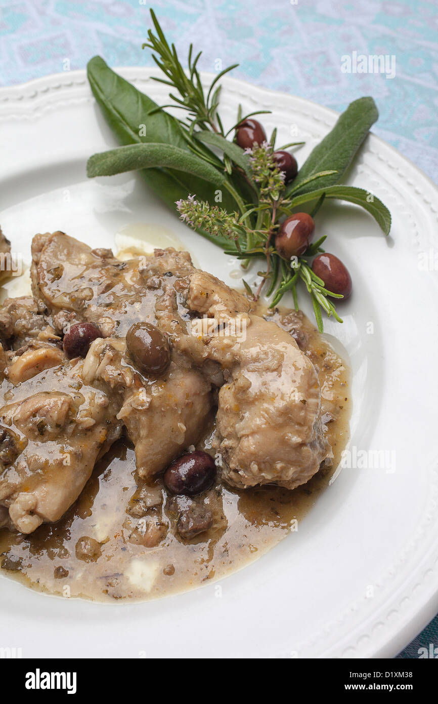 Rabbit with Olives (Coniglio alla Ligure). Liguria, Italy. Stock Photo