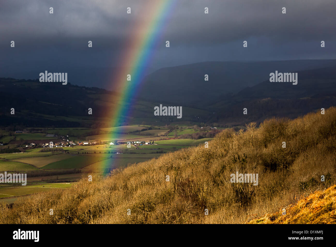 Rainbow and Welsh valley from the Skirrid mountain, Wales, UK Stock ...