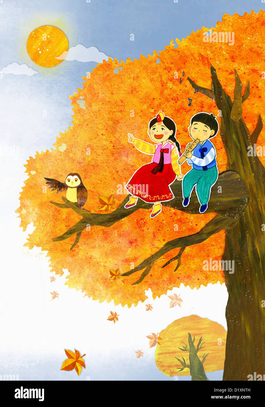 kids sitting on the tree Stock Photo - Alamy