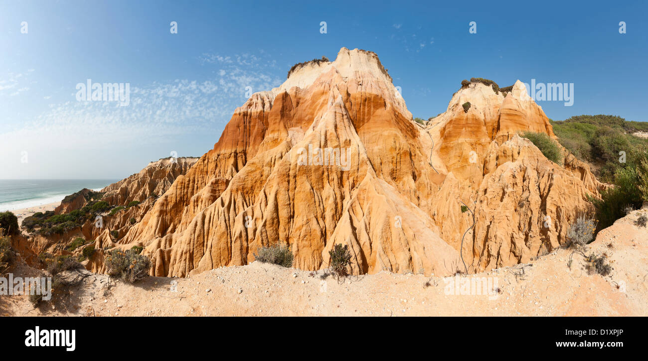 Stitched panorama of the sandstone cliffs in Gale beach, Comporta , Portugal Stock Photo