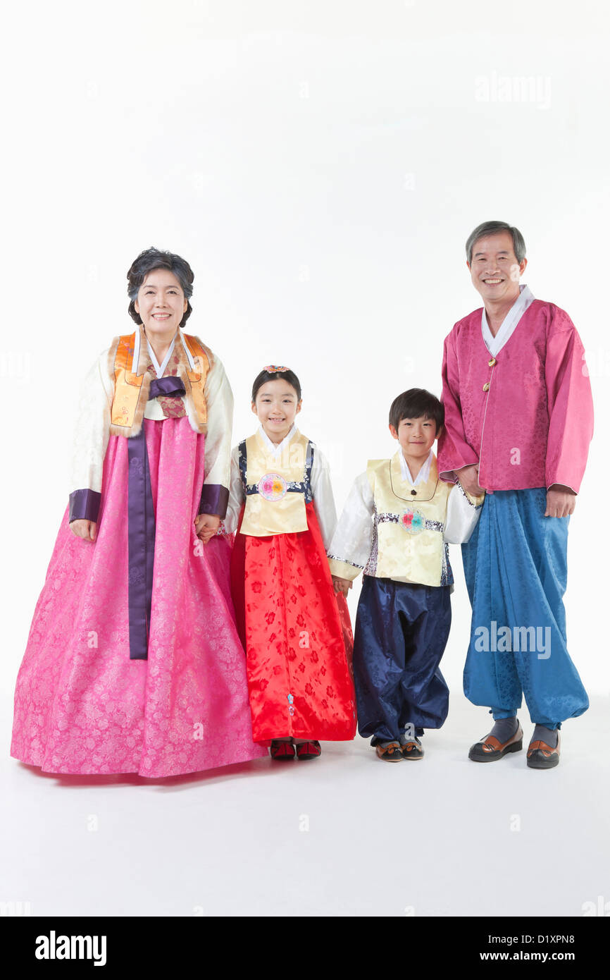 kids standing with grandparents in Hanbok Stock Photo - Alamy
