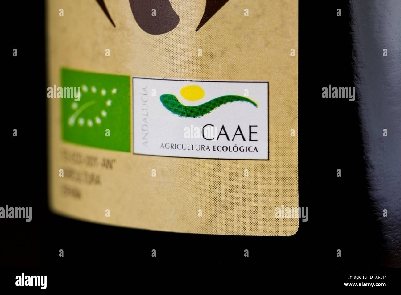 Organic labelling of Spanish Olive Oil. Stock Photo