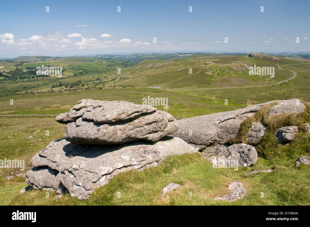 Looking northeast from Rippon Tor on Dartmoor, with Saddle Tor and Haytor prominent in the distance Stock Photo