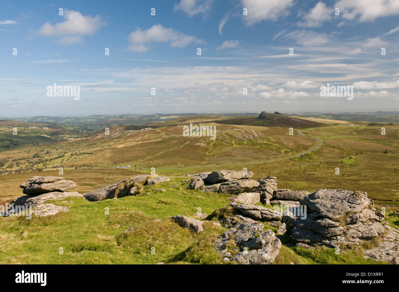 Looking northeast from Rippon Tor on Dartmoor, with Saddle Tor and Haytor prominent in the distance Stock Photo