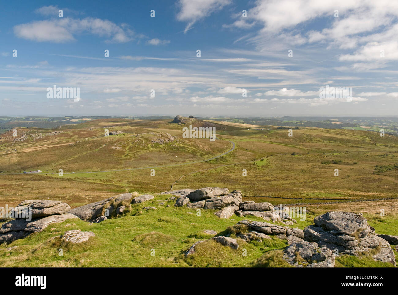 Looking northeast from Rippon Tor on Dartmoor, with Saddle Tor and Haytor prominent in the distance Stock Photo