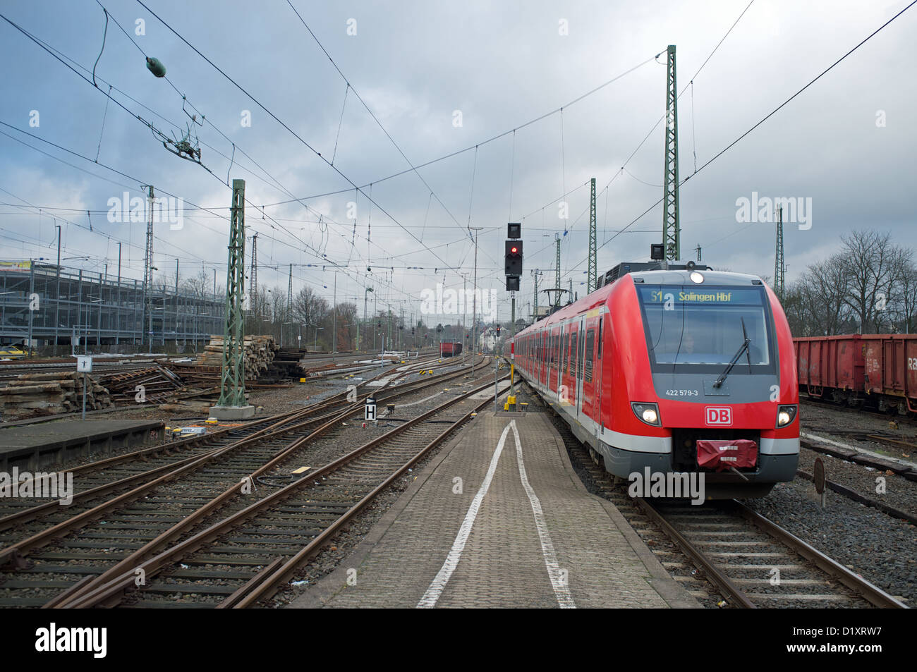S1 (Suburban Railway) arriving from Dortmund at the end of its journey in Solingen, Germany. Stock Photo