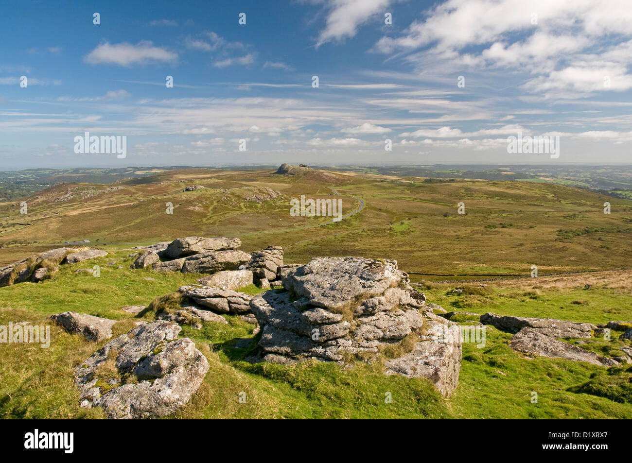 Looking northeast from Rippon Tor on Dartmoor, with Saddle Tor and Haytor prominent in the distance Stock Photo