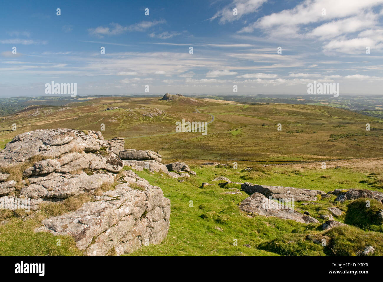 Looking northeast from Rippon Tor on Dartmoor, with Saddle Tor and Haytor prominent in the distance Stock Photo