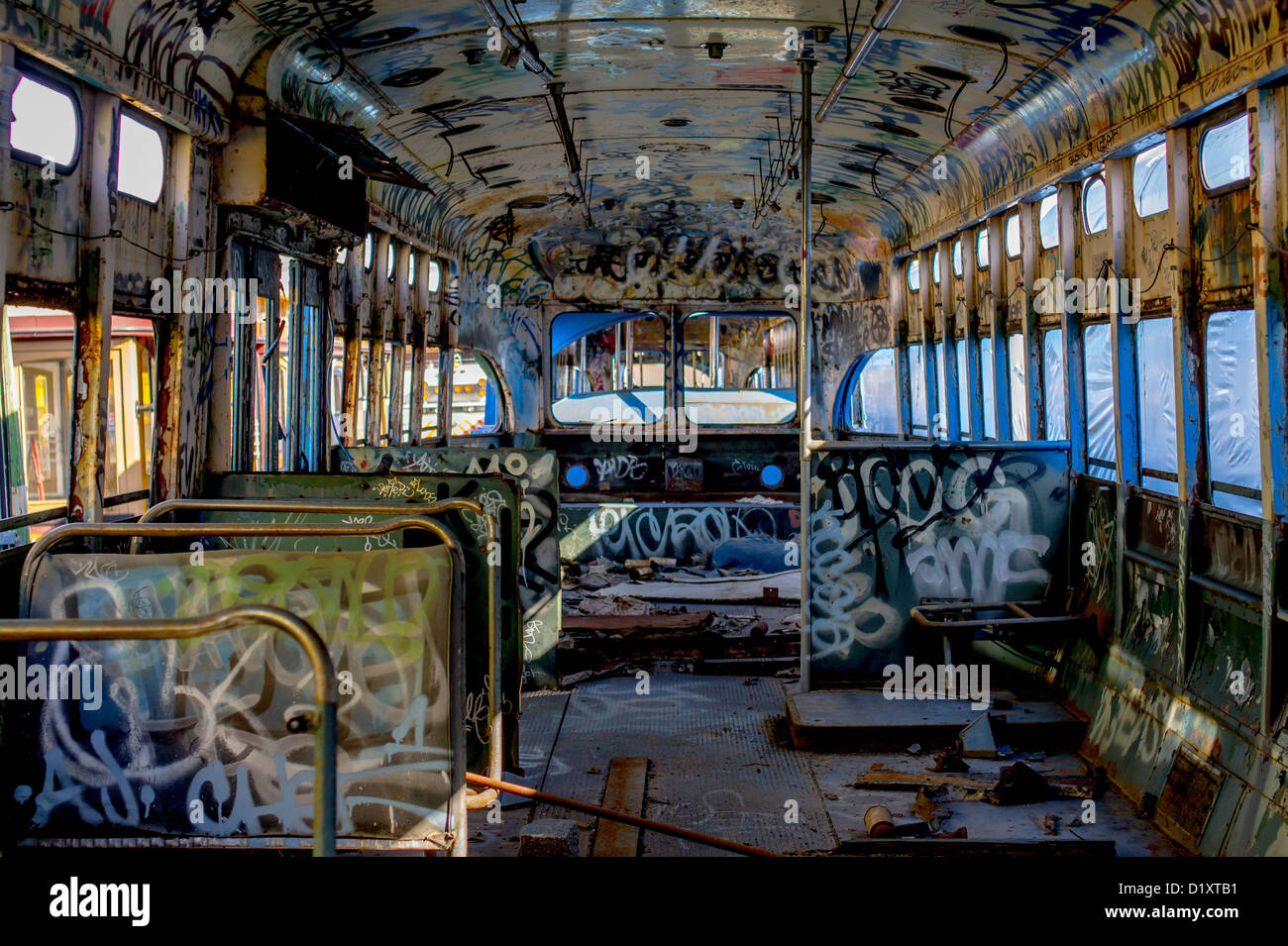 Interior of a vandalized street car Stock Photo