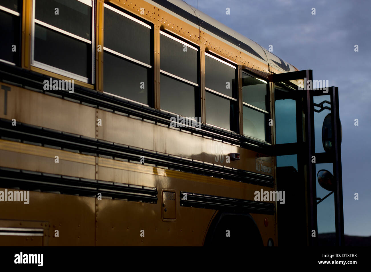 American yellow school bus with open doors Stock Photo
