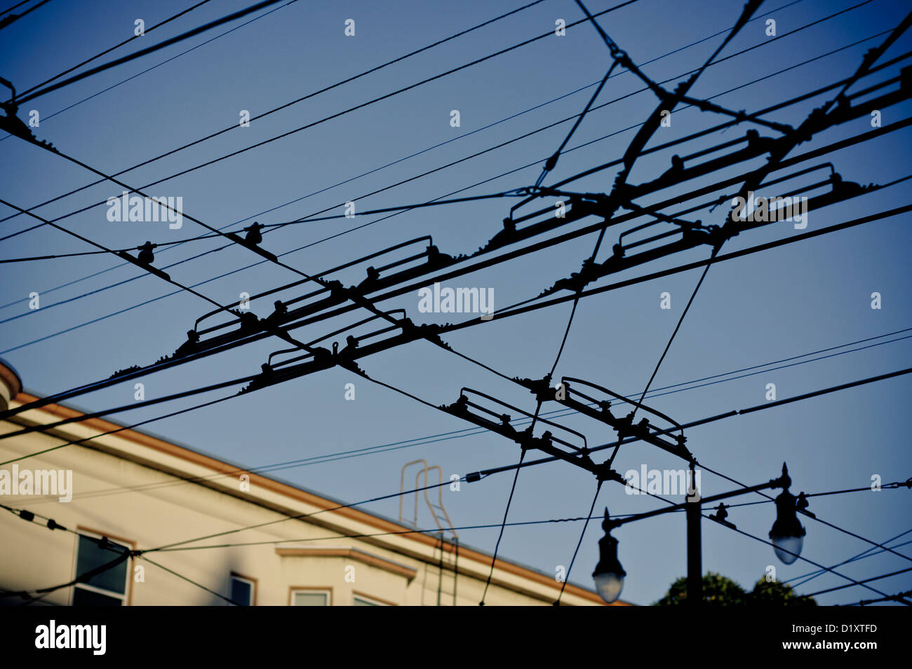 Overhead street car cables, San Francisco, California, USA Stock Photo