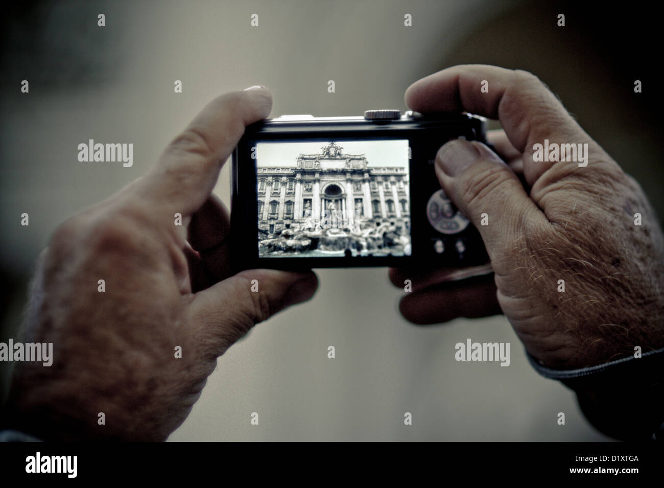 A man holding a digital camera showing a photograph of The Trevi Fountain, Rome, Italy Stock Photo