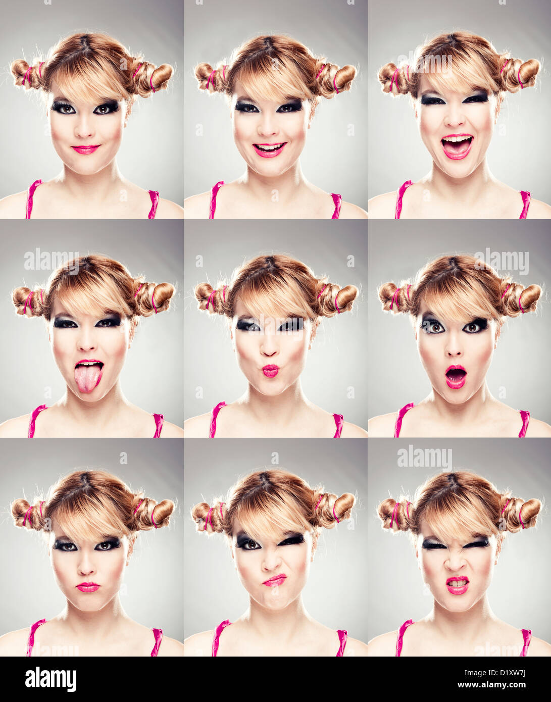 Multiple close-up portraits of the same woman expressing different emotions and expressions Stock Photo