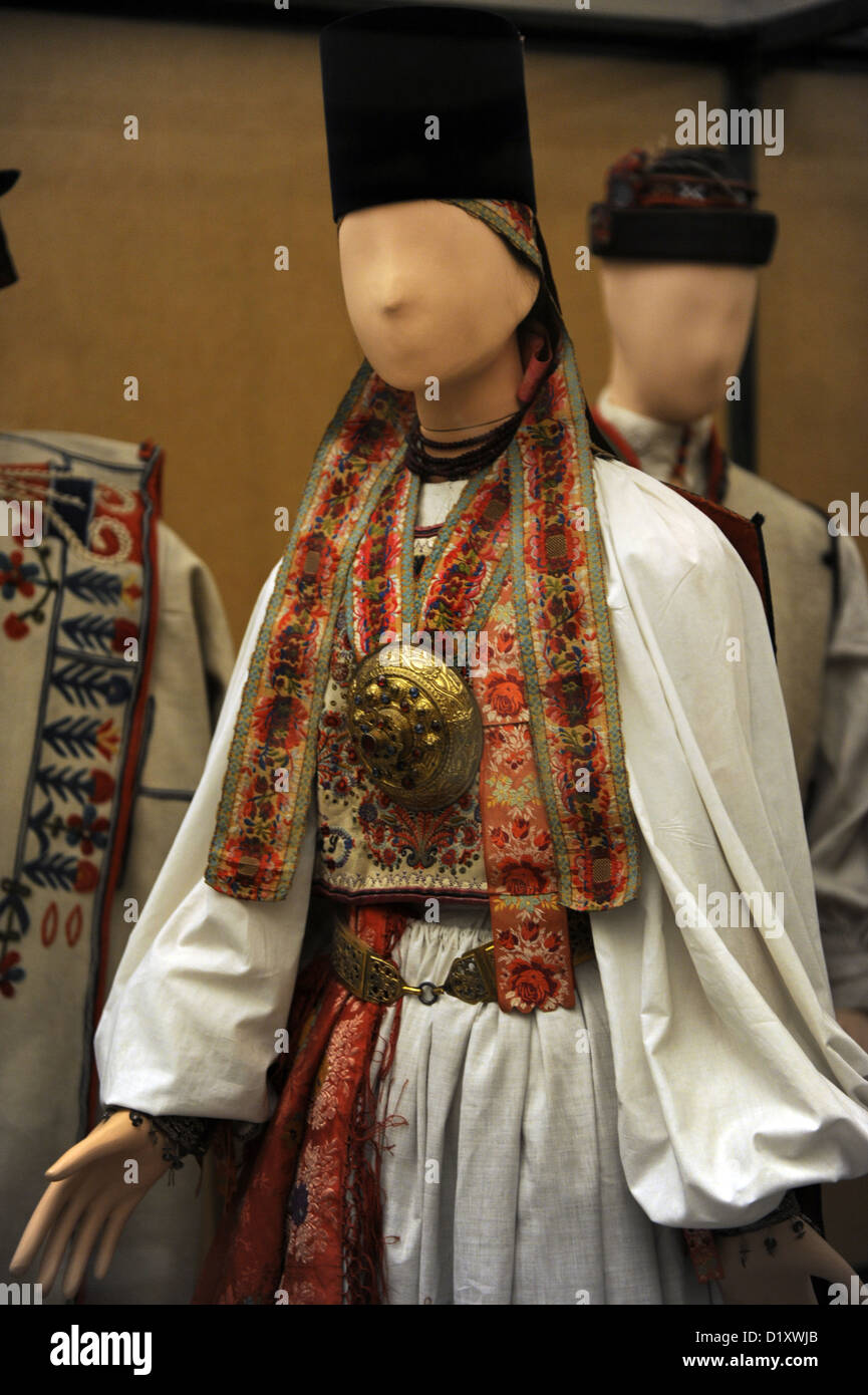 Traditional dress of a saxon girl. 1892. From Transylvania. Szelindek, Szeben county. Ethnographic Museum. Budapest. Hungary. Stock Photo