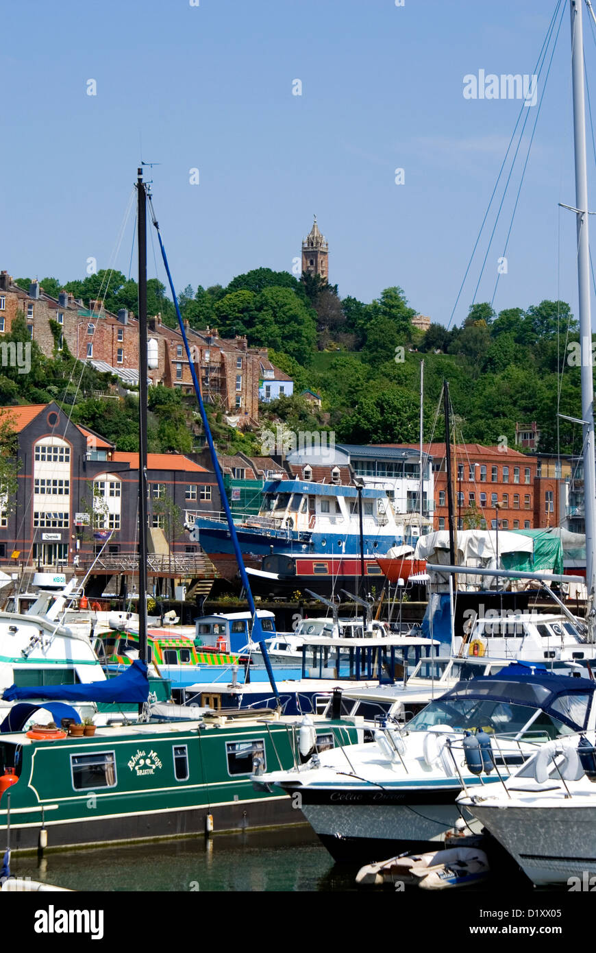 boats in marina, floating harbour, with brandon hill and cabot tower in the backgraound, bristol. Stock Photo