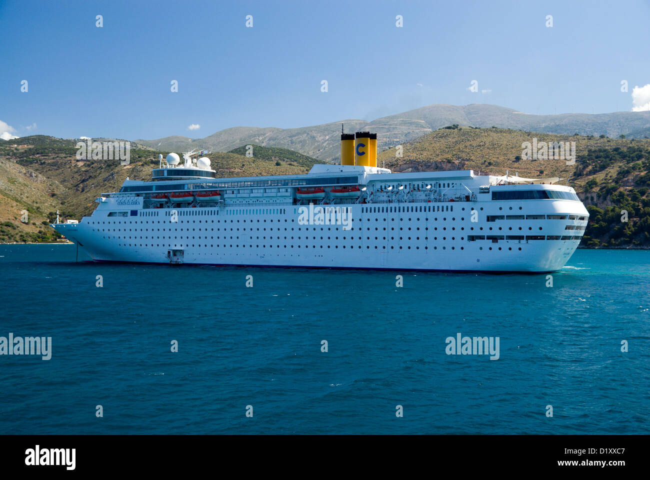Cruise ship Costa Classica, with Mount Enos in distance, Argostoli Bay, Argostoli, Kefalonia, Ionian Islands,Greece. Stock Photo