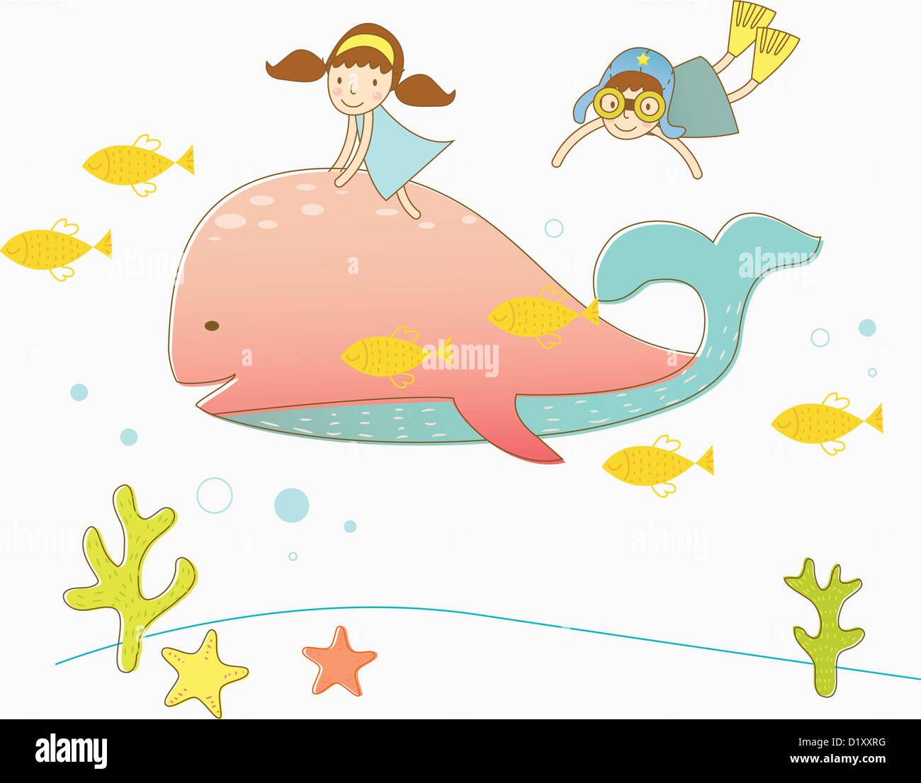 illustration of human cartoon characters under the sea with a whale Stock  Photo - Alamy