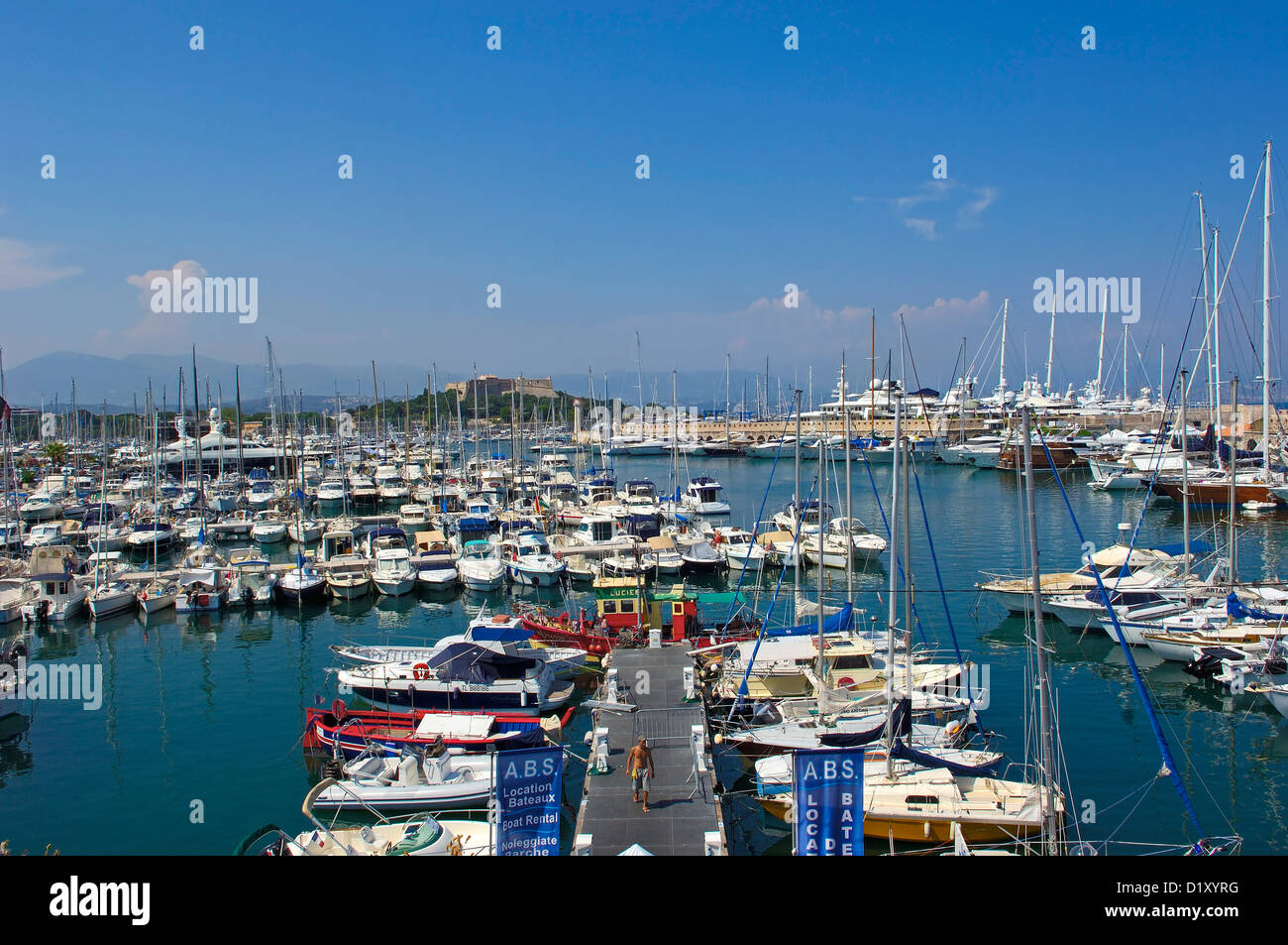 Yacht harbour and Fort Carre in the background, Antibes, Provence Alpes Cote d´Azur, French Riviera, France, Europe. Stock Photo