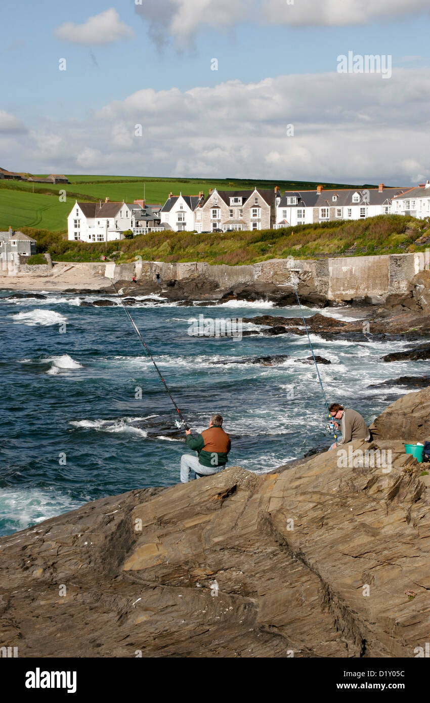 Fishing from the rocks Trevone Cornwall England UK Stock Photo - Alamy