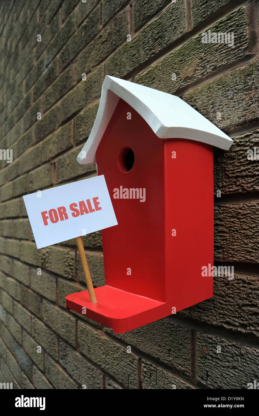 WALL MOUNTED BIRD BOX HOUSE WITH FOR SALE SIGN RE MOVING HOUSE