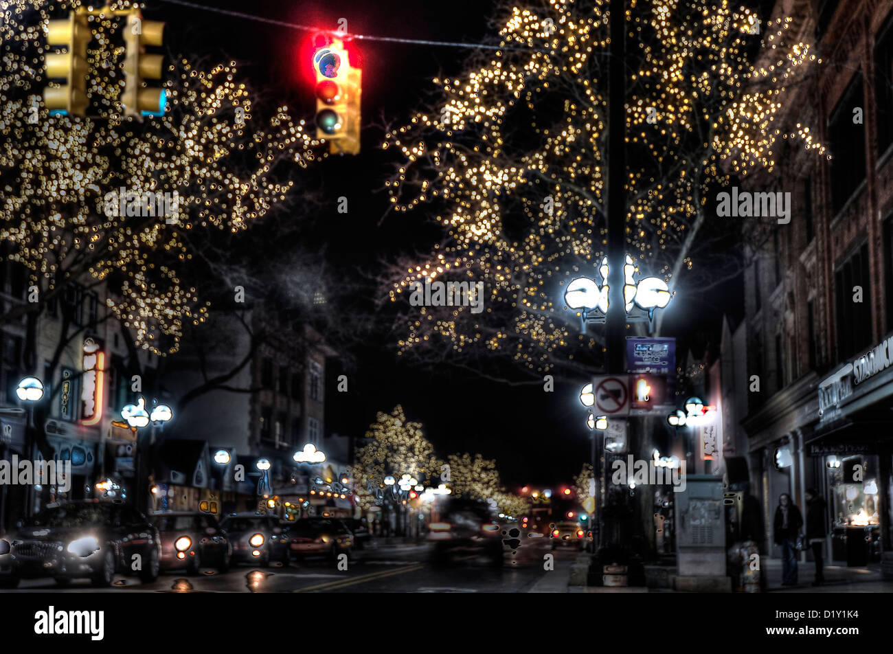 Downtown Ann Arbor, Michigan, with holiday lights displayed Stock Photo