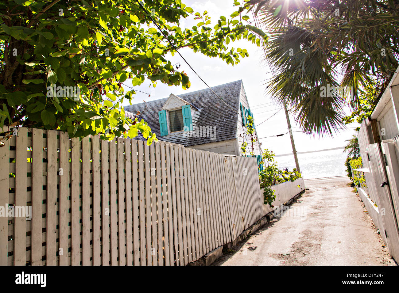 Old clapboard cottage and picket fence in Dunmore Town, Harbour Island