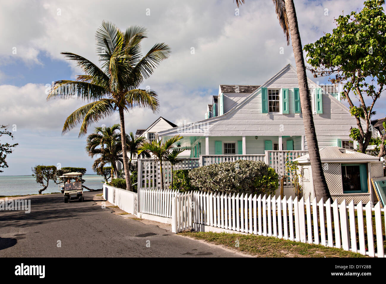 Old clapboard cottage and picket fence in Dunmore Town, Harbour Island