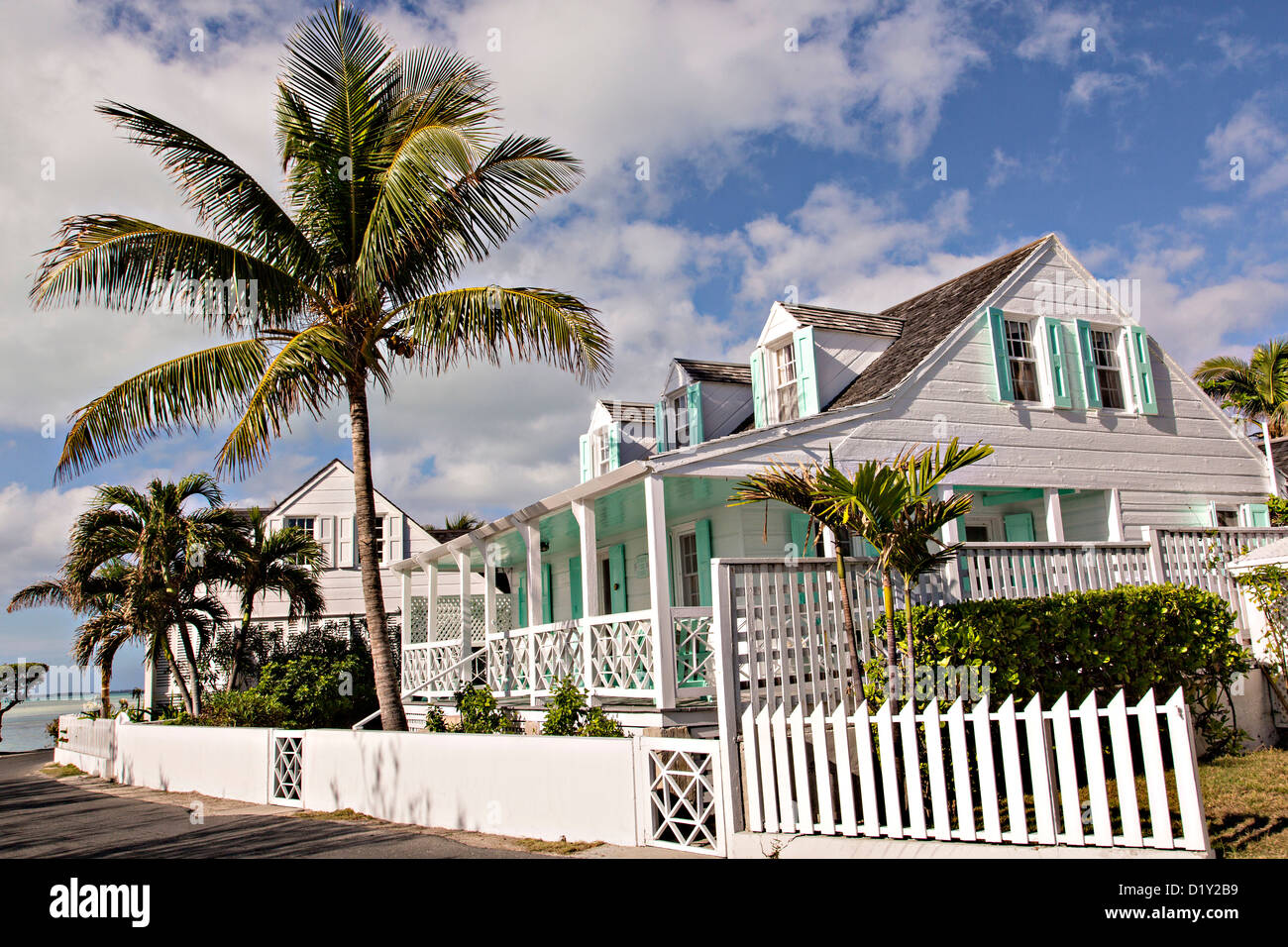 Old clapboard cottage and picket fence in Dunmore Town, Harbour Island