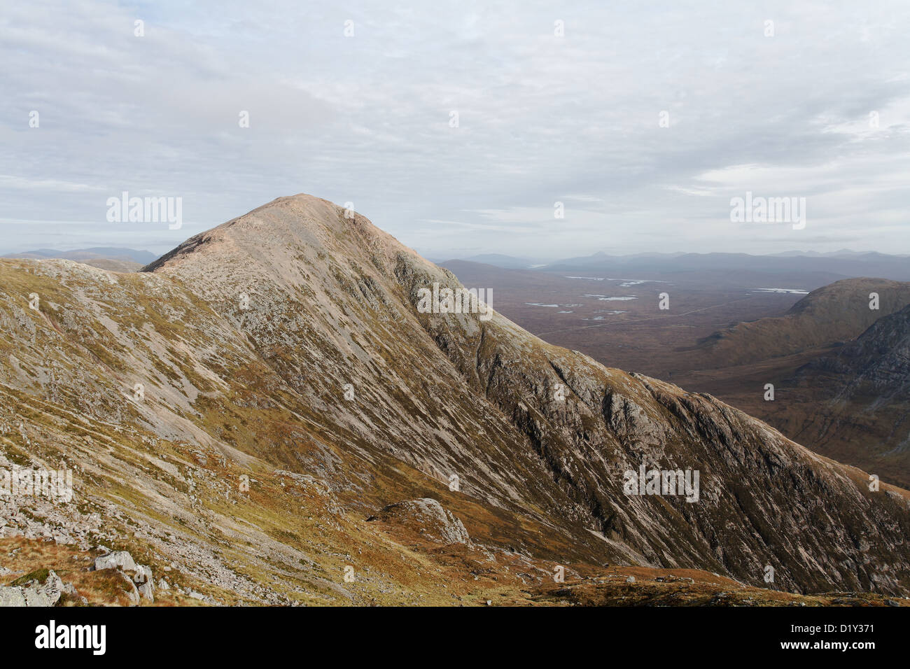 View of Stob Dearg (Buachaille Etive Mor) with Rannoch Moor beyond Stock Photo