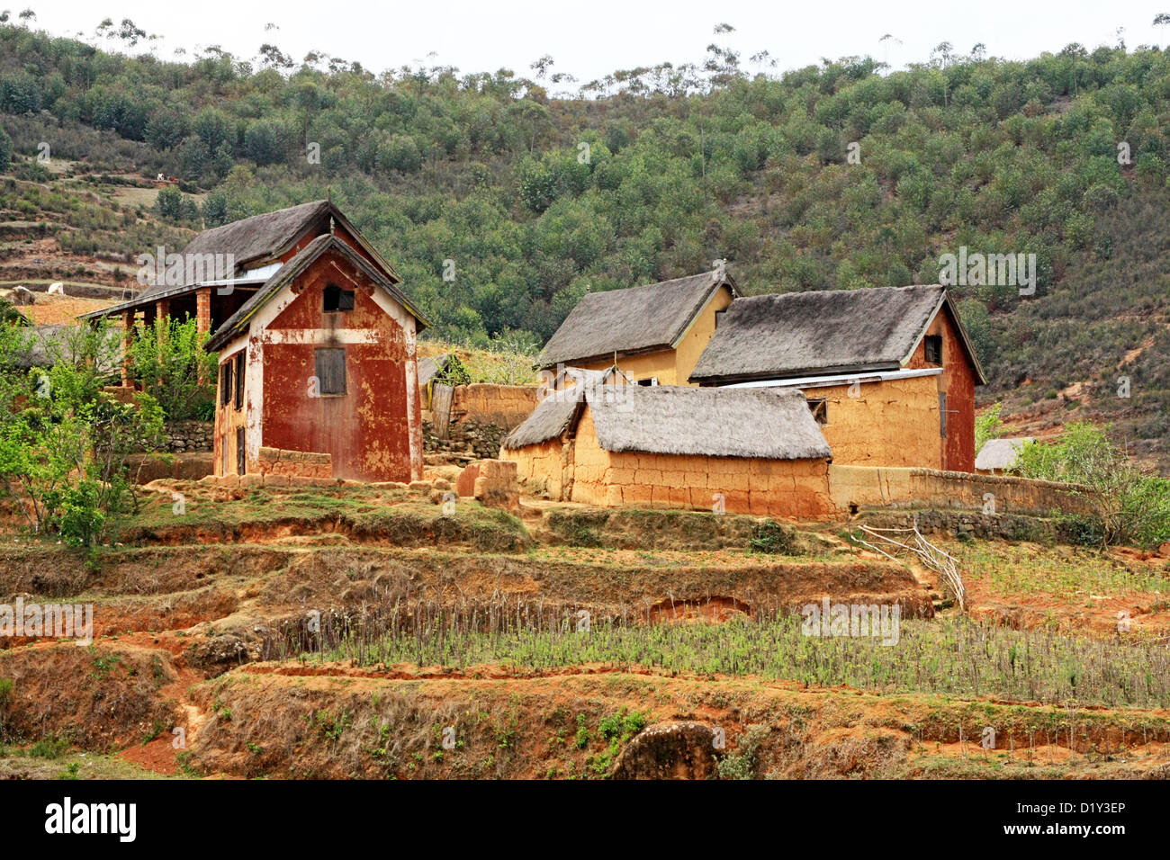Clay houses in a village on the High Plateau near Antananarivo Stock Photo