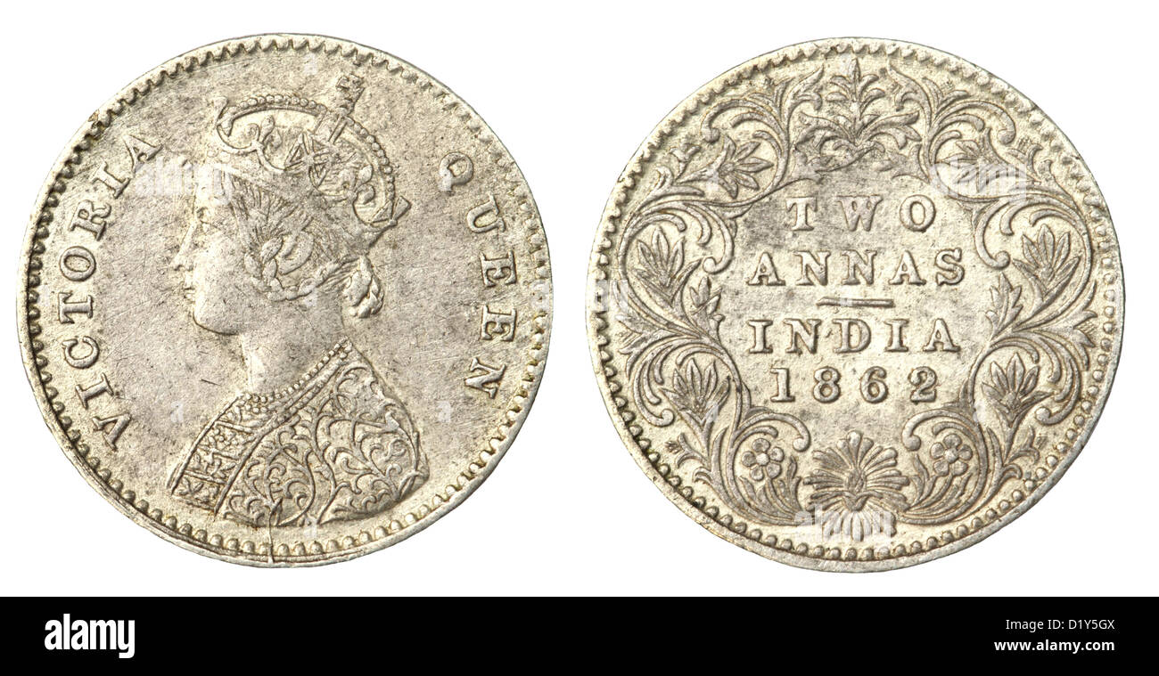 Old Indian Two Anas Coin of 1862 Stock Photo