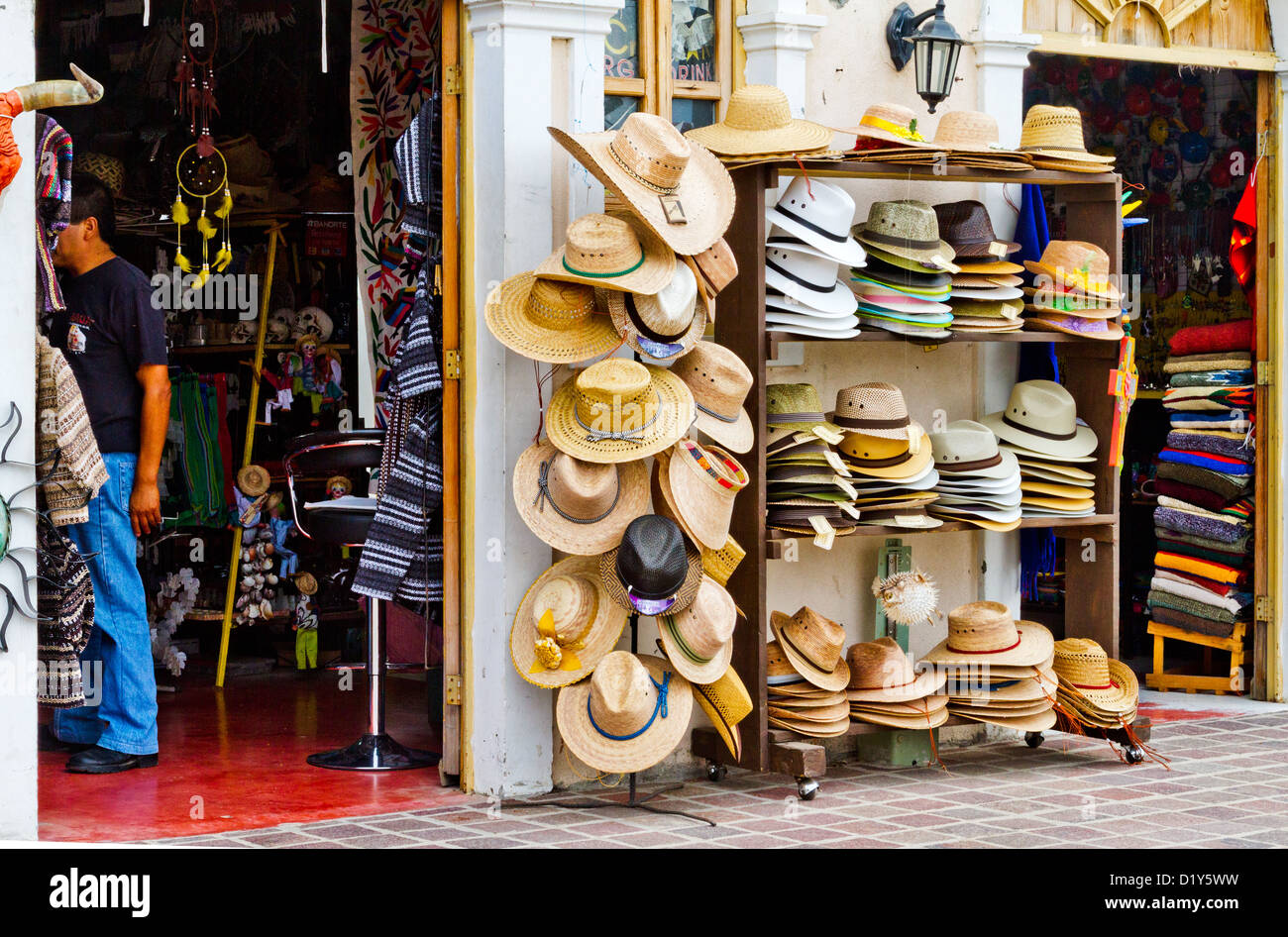 Hats offered for sale outside a shop in Todos Santos, Baja, Mexico