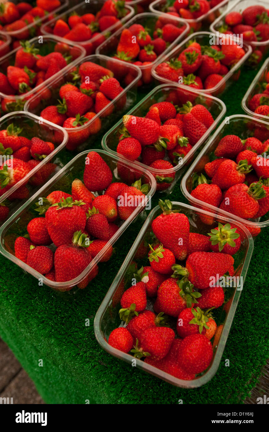 Bright red English strawberries for sale at a Market in Saint Ives