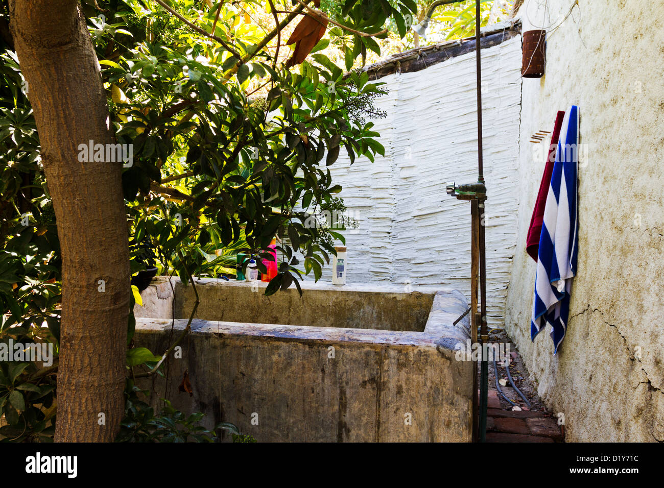 Outdoor shower in patio behind a house once owned by "Lee Moore", an artist, in Todos Santos