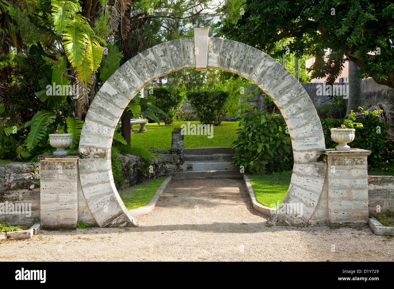 A traditional moongate in a park at St. George's, Bermuda. Stock Photo