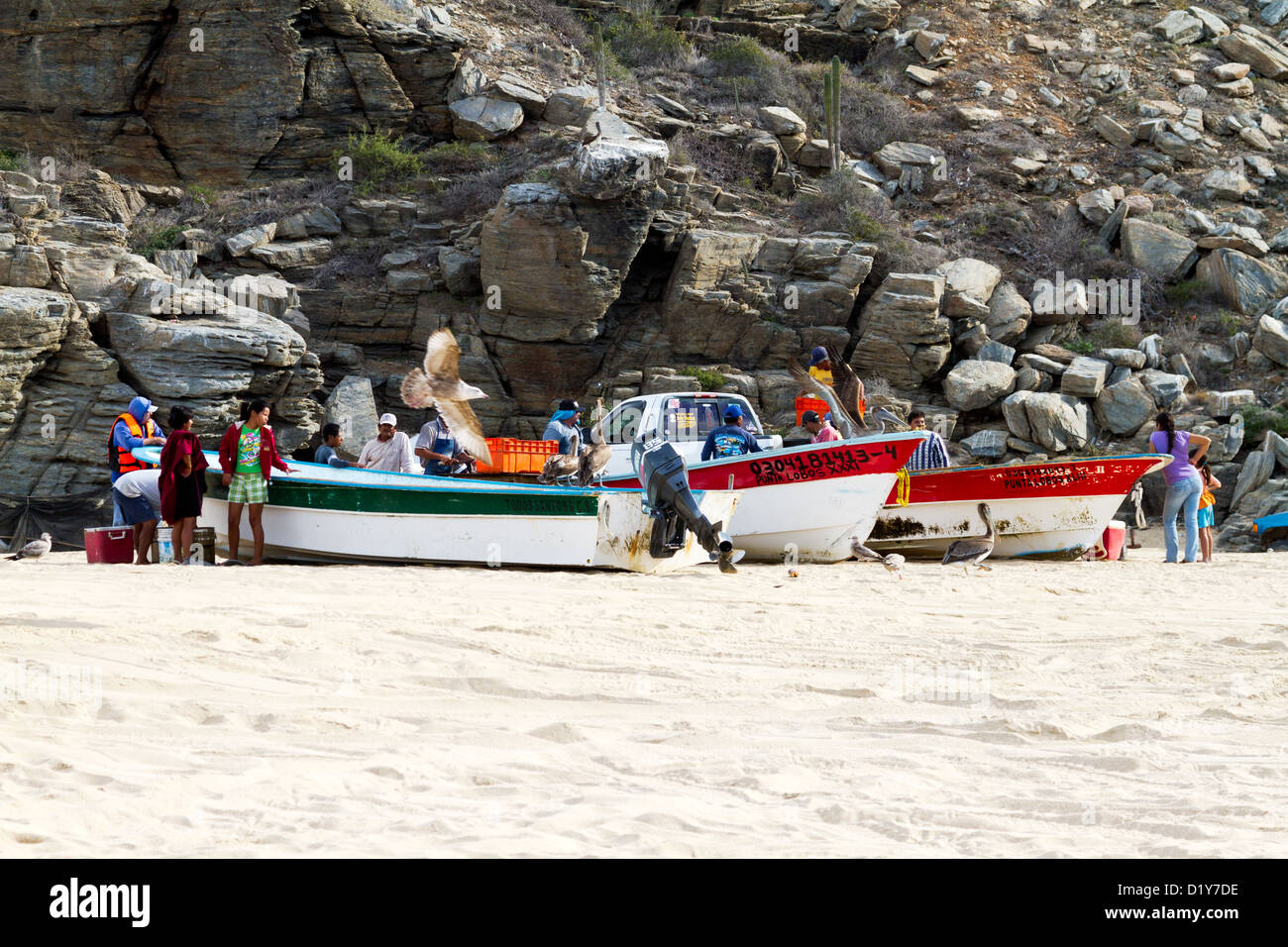 Fishermen and their families gather on a beach near Todos Santos, Baja, Mexico Stock Photo