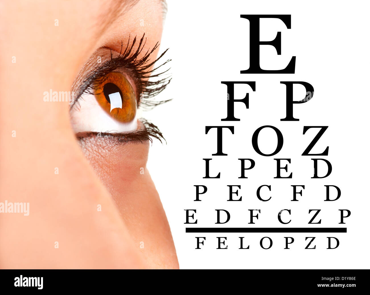 Closeup of a woman's eye next to an eyechart Stock Photo