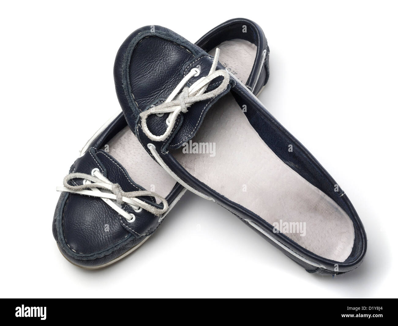 Pair of female blue flat shoes isolated on white background Stock Photo