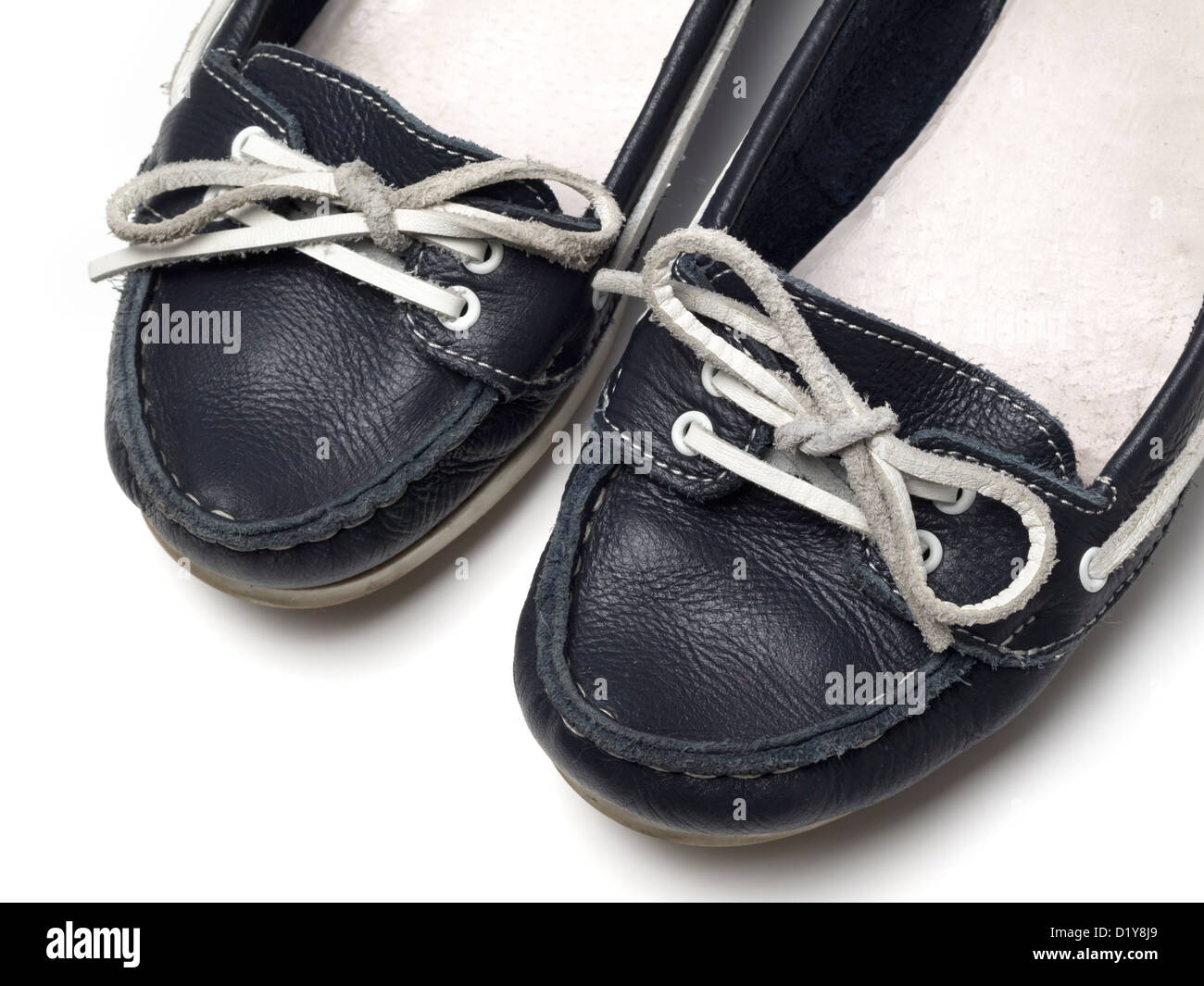 Pair of female blue flat shoes isolated on white background Stock Photo